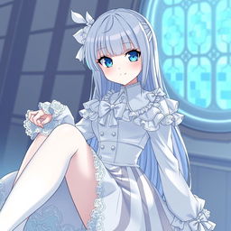 An anime-style character wearing an elaborate white outfit, consisting of a long-sleeved blouse with a ruffled collar and a high-waisted striped skirt