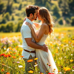 A passionate and intimate scene between a couple in a breathtaking natural landscape, showcasing their love and affection for each other