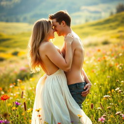 A passionate and intimate scene between a couple in a breathtaking natural landscape, showcasing their love and affection for each other