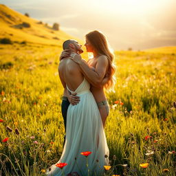 A passionate and intimate scene between a couple in a breathtaking natural landscape, showcasing their love and affection for each other