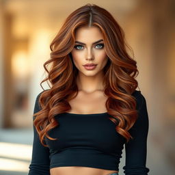 A portrait of a fashionable young woman with a strikingly confident expression, showcasing the same face as a previous reference but with a new hairstyle featuring long, flowing curls