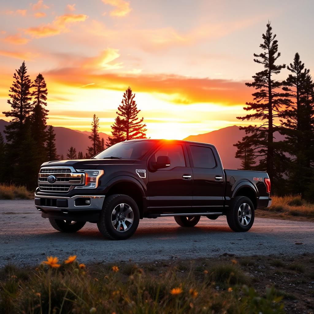 A powerful pickup truck parked in a scenic mountain landscape during sunset