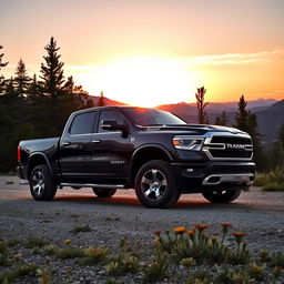A powerful pickup truck parked in a scenic mountain landscape during sunset