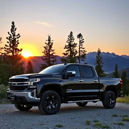 A powerful pickup truck parked in a scenic mountain landscape during sunset