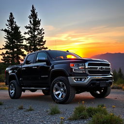 A powerful pickup truck parked in a scenic mountain landscape during sunset