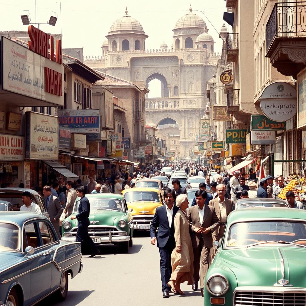 A bustling street scene from Iran in the 1970s, showcasing a vibrant atmosphere filled with people and vintage cars