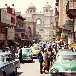 A bustling street scene from Iran in the 1970s, showcasing a vibrant atmosphere filled with people and vintage cars