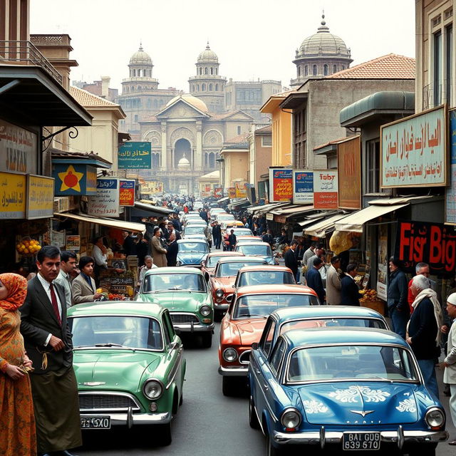 A bustling street scene from Iran in the 1970s, showcasing a vibrant atmosphere filled with people and vintage cars