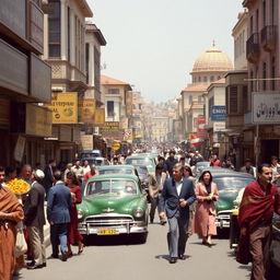 A bustling street scene from Iran in the 1970s, showcasing a vibrant atmosphere filled with people and vintage cars