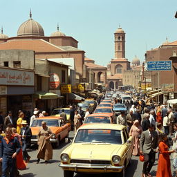 A bustling street scene from Iran in the 1970s, showcasing a vibrant atmosphere filled with people and vintage cars