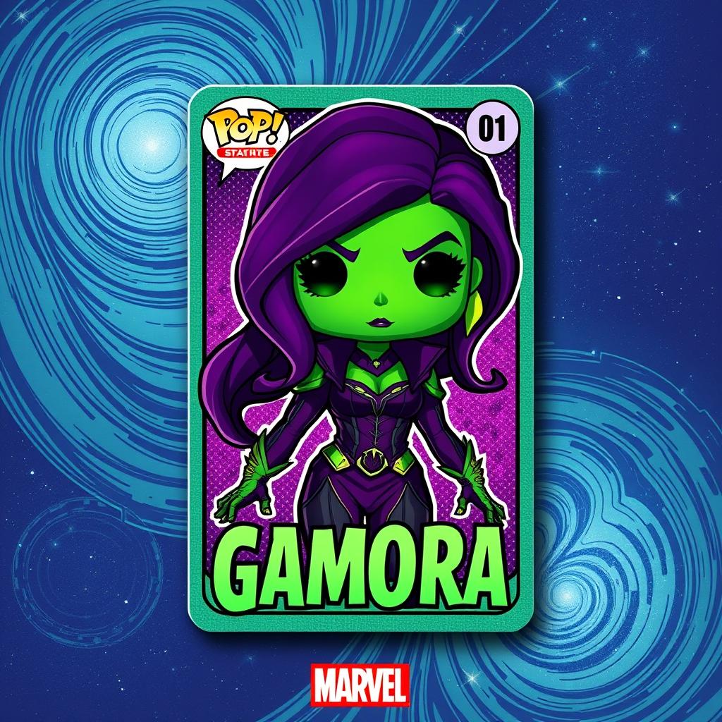 An intricate design of a Gamora trading card inspired by the Marvel universe, featuring Gamora in her iconic outfit with her vibrant green skin and fierce expression