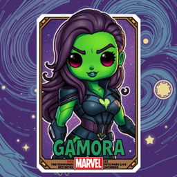 An intricate design of a Gamora trading card inspired by the Marvel universe, featuring Gamora in her iconic outfit with her vibrant green skin and fierce expression