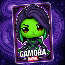 An intricate design of a Gamora trading card inspired by the Marvel universe, featuring Gamora in her iconic outfit with her vibrant green skin and fierce expression