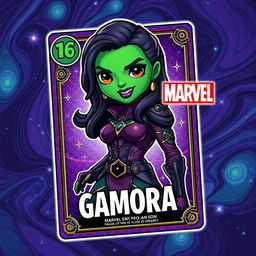An intricate design of a Gamora trading card inspired by the Marvel universe, featuring Gamora in her iconic outfit with her vibrant green skin and fierce expression