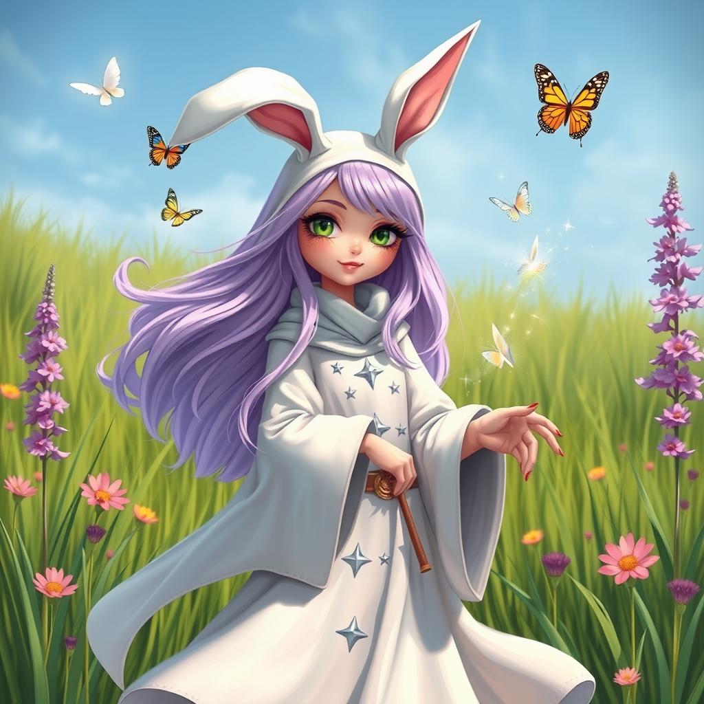 A whimsical female wizard with rabbit ears, standing in a magical meadow