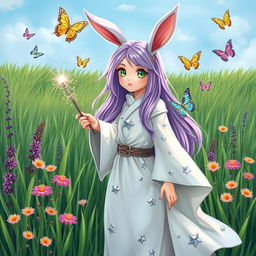 A whimsical female wizard with rabbit ears, standing in a magical meadow