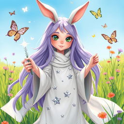 A whimsical female wizard with rabbit ears, standing in a magical meadow