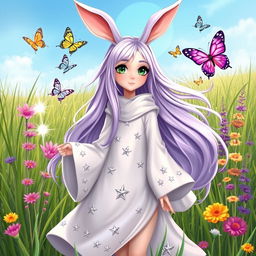 A whimsical female wizard with rabbit ears, standing in a magical meadow