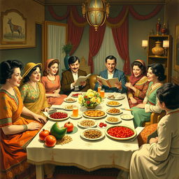 A nostalgic depiction of Yalda Night in the 1950s in Iran, showcasing a traditional gathering with family around a low table adorned with festive dishes