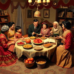 A nostalgic depiction of Yalda Night in the 1950s in Iran, showcasing a traditional gathering with family around a low table adorned with festive dishes