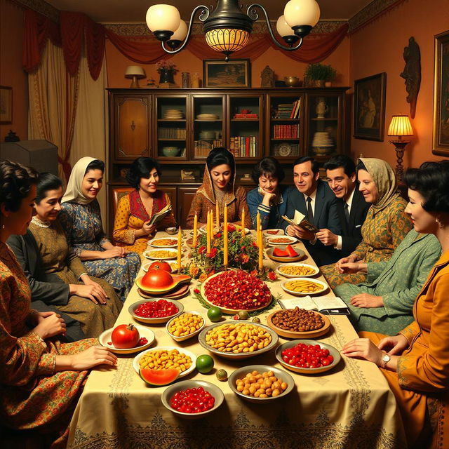 A nostalgic depiction of Yalda Night in the 1950s in Iran, showcasing a traditional gathering with family around a low table adorned with festive dishes