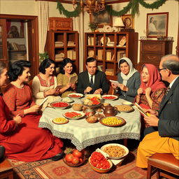 A nostalgic depiction of Yalda Night in the 1950s in Iran, showcasing a traditional gathering with family around a low table adorned with festive dishes