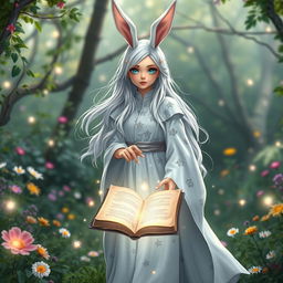 A whimsical female wizard with rabbit ears, standing in an enchanted clearing