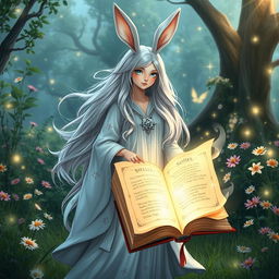 A whimsical female wizard with rabbit ears, standing in an enchanted clearing