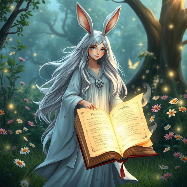 A whimsical female wizard with rabbit ears, standing in an enchanted clearing