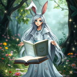 A whimsical female wizard with rabbit ears, standing in an enchanted clearing