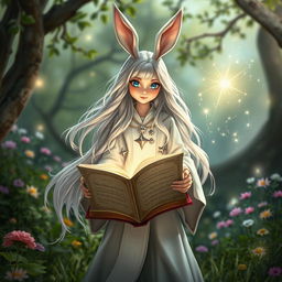 A whimsical female wizard with rabbit ears, standing in an enchanted clearing