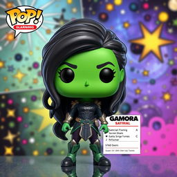 A vibrant and detailed illustration of a Funko Pop figure depicting Gamora from Marvel, showcasing her vivid green skin, long dark hair, and signature outfit with intricate details