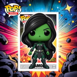 A vibrant and detailed illustration of a Funko Pop figure depicting Gamora from Marvel, showcasing her vivid green skin, long dark hair, and signature outfit with intricate details