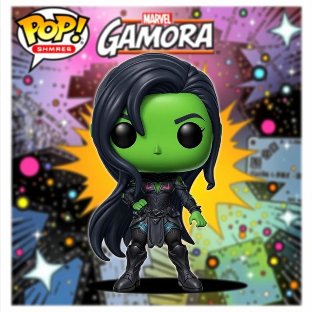 A vibrant and detailed illustration of a Funko Pop figure depicting Gamora from Marvel, showcasing her vivid green skin, long dark hair, and signature outfit with intricate details