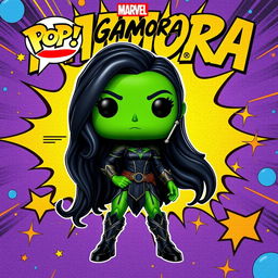 A vibrant and detailed illustration of a Funko Pop figure depicting Gamora from Marvel, showcasing her vivid green skin, long dark hair, and signature outfit with intricate details