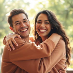 A heartwarming scene featuring two people embracing in a joyful hug, both of them smiling radiantly