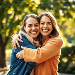 A heartwarming scene featuring two people embracing in a joyful hug, both of them smiling radiantly