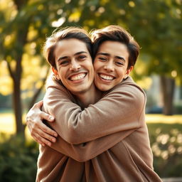A heartwarming scene featuring two people embracing in a joyful hug, both of them smiling radiantly