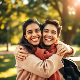 A heartwarming scene featuring two people embracing in a joyful hug, both of them smiling radiantly
