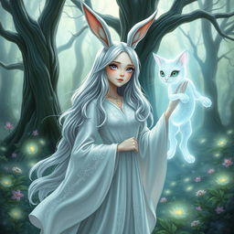 A whimsical female wizard with rabbit ears, standing in a mystical forest