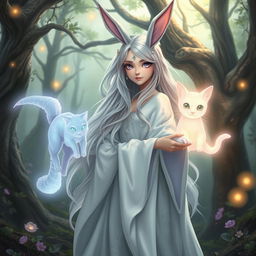 A whimsical female wizard with rabbit ears, standing in a mystical forest