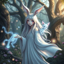 A whimsical female wizard with rabbit ears, standing in a mystical forest