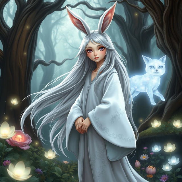 A whimsical female wizard with rabbit ears, standing in a mystical forest