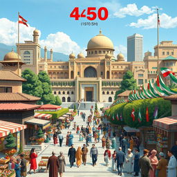 A vivid illustration of Iran in the year 1450 SH (1971 AD) under the reign of Mohammad Reza Pahlavi as the Shah