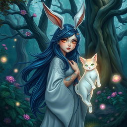 A whimsical female wizard with rabbit ears, standing in a mystical forest glade