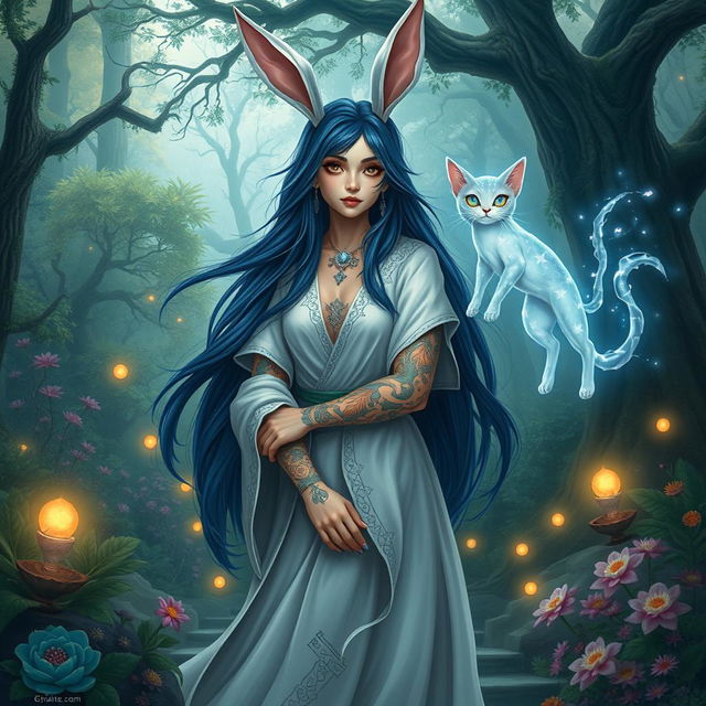 A whimsical female wizard with rabbit ears, standing in a mystical forest glade