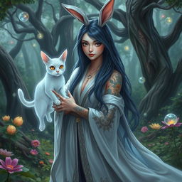 A whimsical female wizard with rabbit ears, standing in a mystical forest glade