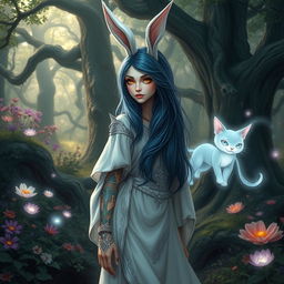 A whimsical female wizard with rabbit ears, standing in a mystical forest glade