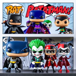 A collection of Funko Pop figures inspired by the 1992 animated Batman series, featuring iconic characters such as Batman, Joker, Catwoman, and Harley Quinn