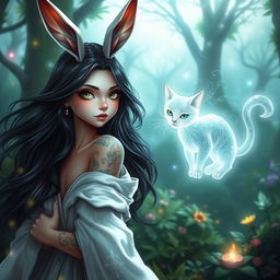 A whimsical female wizard with rabbit ears, standing in a lush enchanted forest